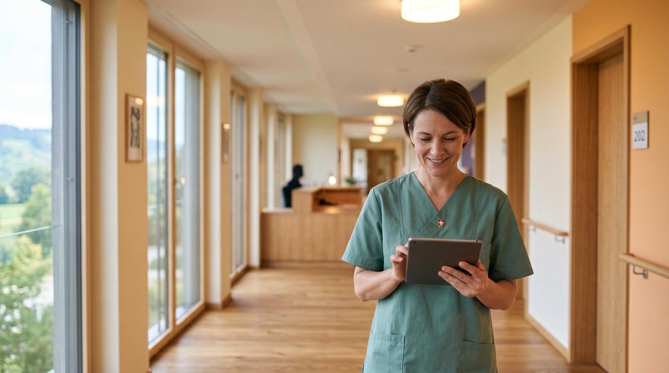 Pflegefachfrau im hellen Gang, Tablet in der Hand
