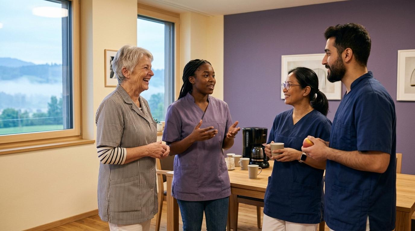Team im Aufenthaltsraum bei einer Kaffeepause
